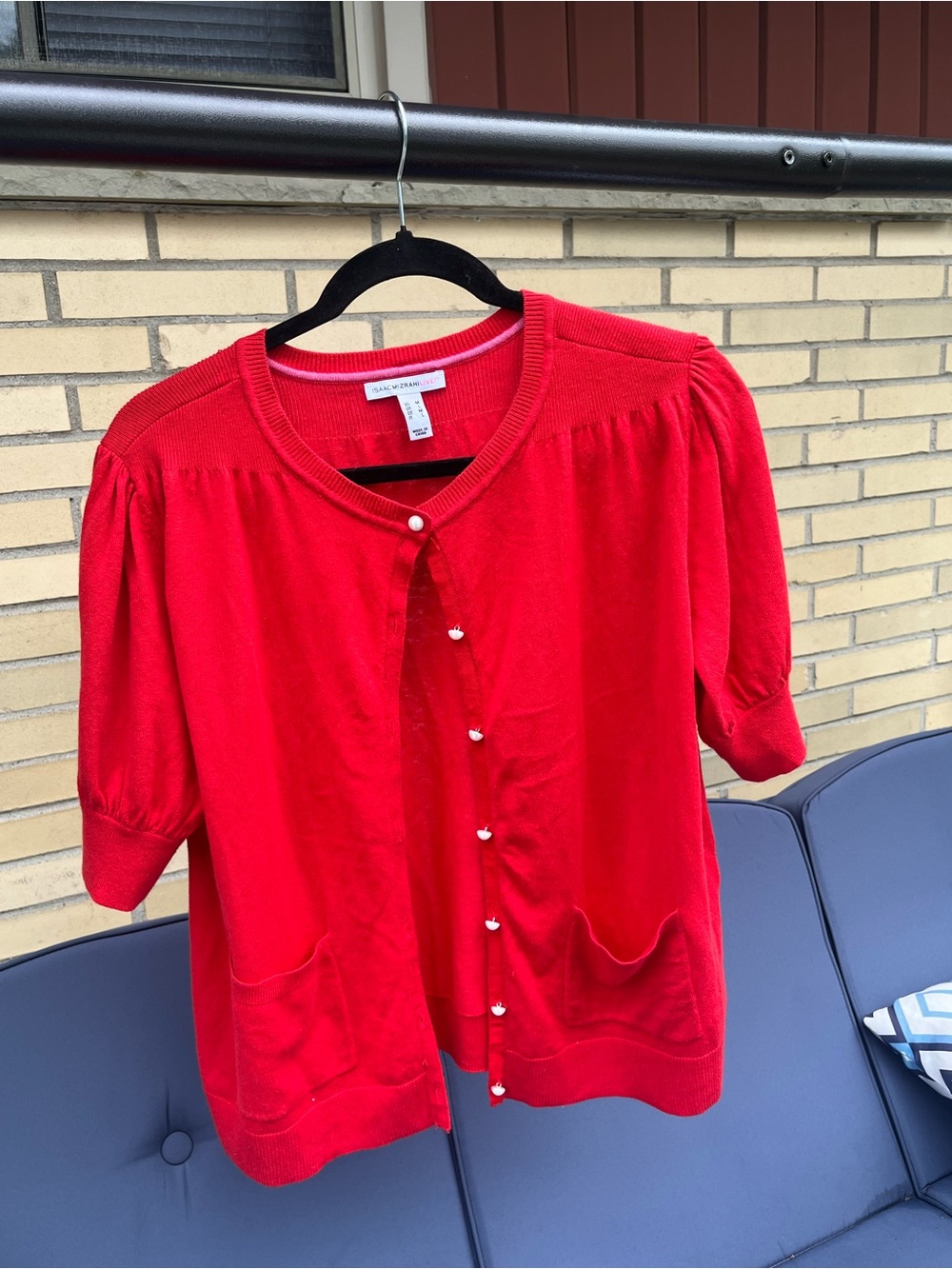Red Short-Sleeve Silk Cardigan with Pearl Buttons